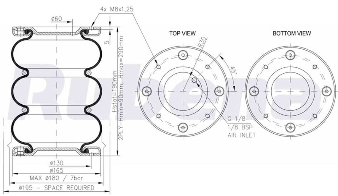Dunlop / Rubeno Luchtbalg 170-3, 170 mm 3 kamersysteem voor hulpluchtveren 6" - Afbeelding 2